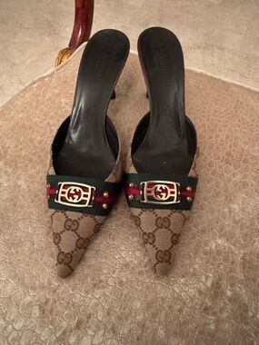 Gucci Brown GG Canvas Pointed Mules with Green & Red Web and Gold Hardware